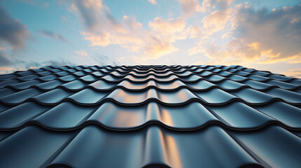 Reflective Metal Roof Tiles Underneath Colorful Sunset Sky