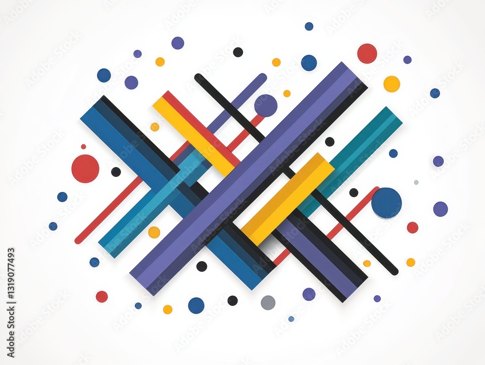 Poster abstract composition of colorful geometric shapes and lines on a light background