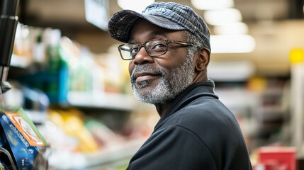 Obraz premium Smiling senior man shopping grocery store happy customer cap male gray food beard black aisle retail