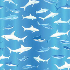 Sharks swimming in blue ocean water seamless pattern