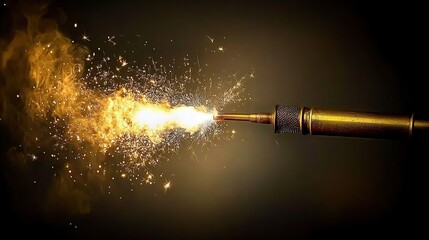 Fototapeta premium Golden torch ignites sparks, dark studio backdrop, industrial use