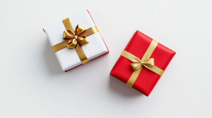 Two beautifully wrapped gift boxes, one red and one white, with golden bows. isolated on white background.