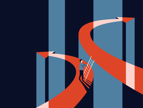 Person jumping to arrow with another direction, in vintage colors