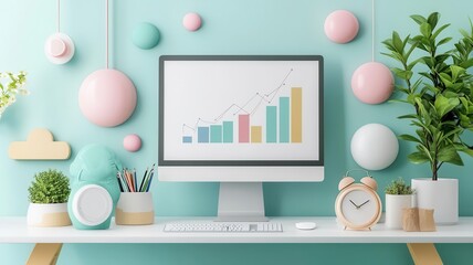 A stylish workspace with a computer displaying a growth chart, featuring vibrant decor and plants for a modern touch.