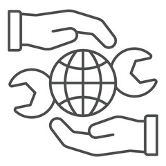 Hands protect world globe with wrench thin line icon, world labor day concept. Vector graphics. Hard work sign on white background, outline style icon for mobile or web design.