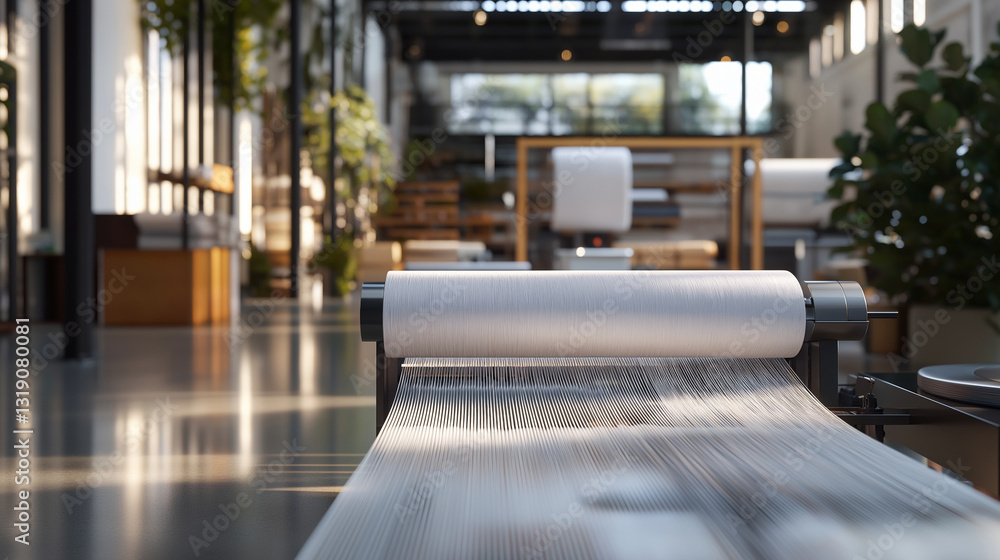 Poster a futuristic smart weaving machine, crafting intricate textile patterns with ai precision.