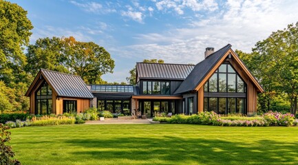 Fototapeta premium Modern farmhouse exterior, expansive windows, backyard lawn.