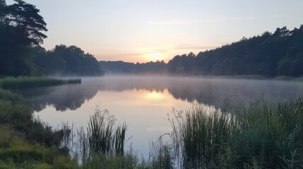 Fototapeta premium Serene Dawn Reflections on a Still Pond