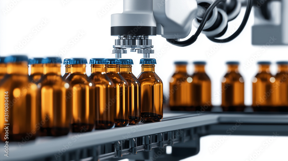 Poster a modern beverage bottling machine with robotic arms precisely capping and labeling glass bottles, p