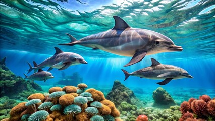 Fototapeta premium Oceanic Life A Family of Dolphins Gracefully Swims Above Vibrant Coral Reef