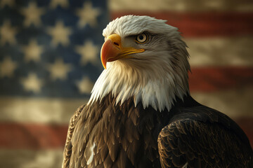 Naklejka premium Majestic Bald Eagle with American Flag Background