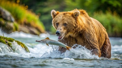 Fototapeta premium Majestic Brown Bear Captures Salmon in a Powerful River Scene