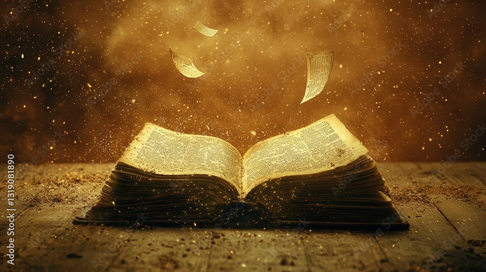 Poster enchanted open book with floating pages and magical dust effect