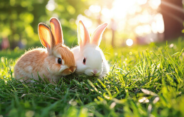 Obraz premium Adorable bunnies munching on fresh grass in sunny park, enjoying nature beauty