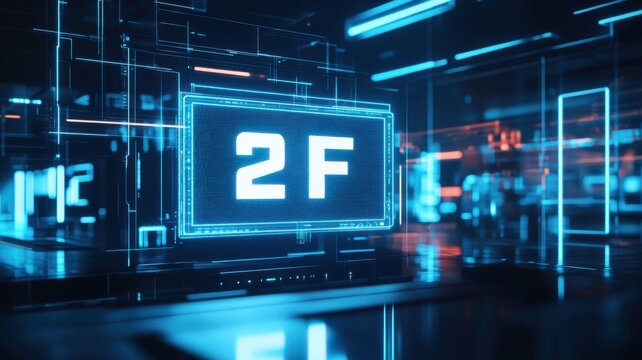 Futuristic neon display with 2f in digital cyberpunk environment. 2fa authentication login