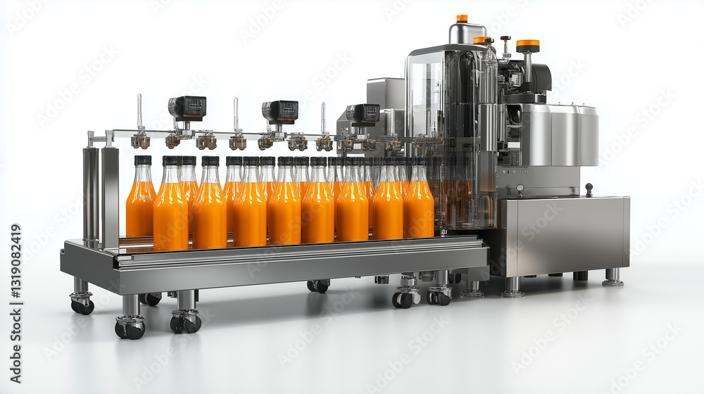 Poster a fully automated bottling and labeling machine for juices, showcasing precision and cleanliness on 