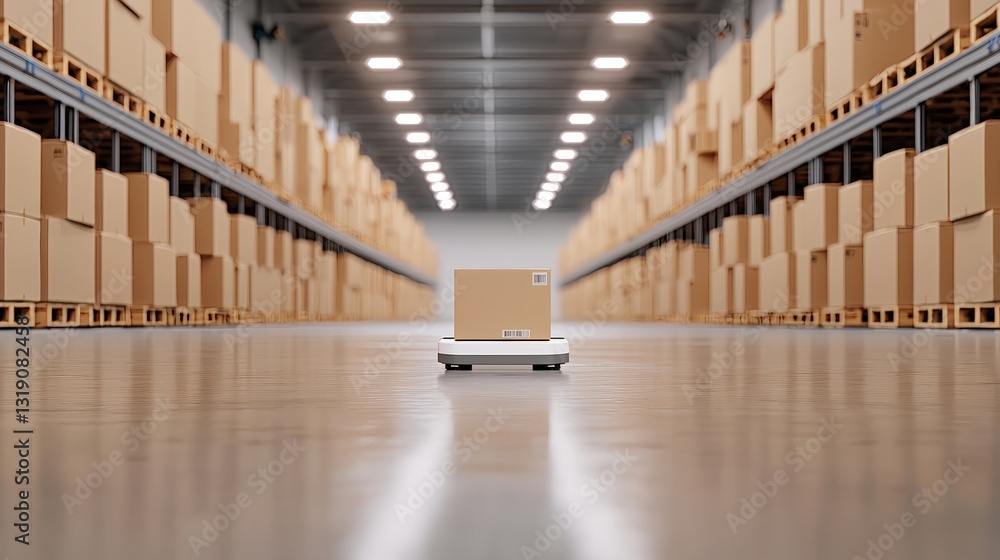Aufkleber a vast warehouse filled with neatly stacked cardboard boxes, highlighting a single box on a pallet i