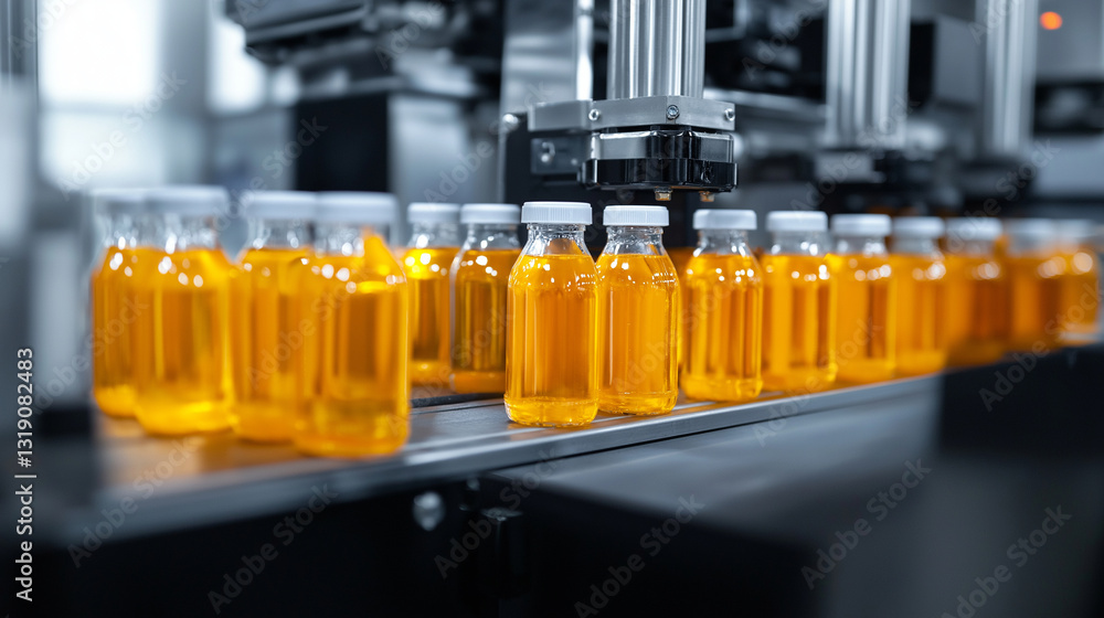 Poster a fully automated bottling and labeling machine for juices, showcasing precision and cleanliness on 