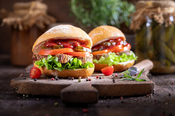 Delectable sandwich crafted with fresh vegetables and pate.