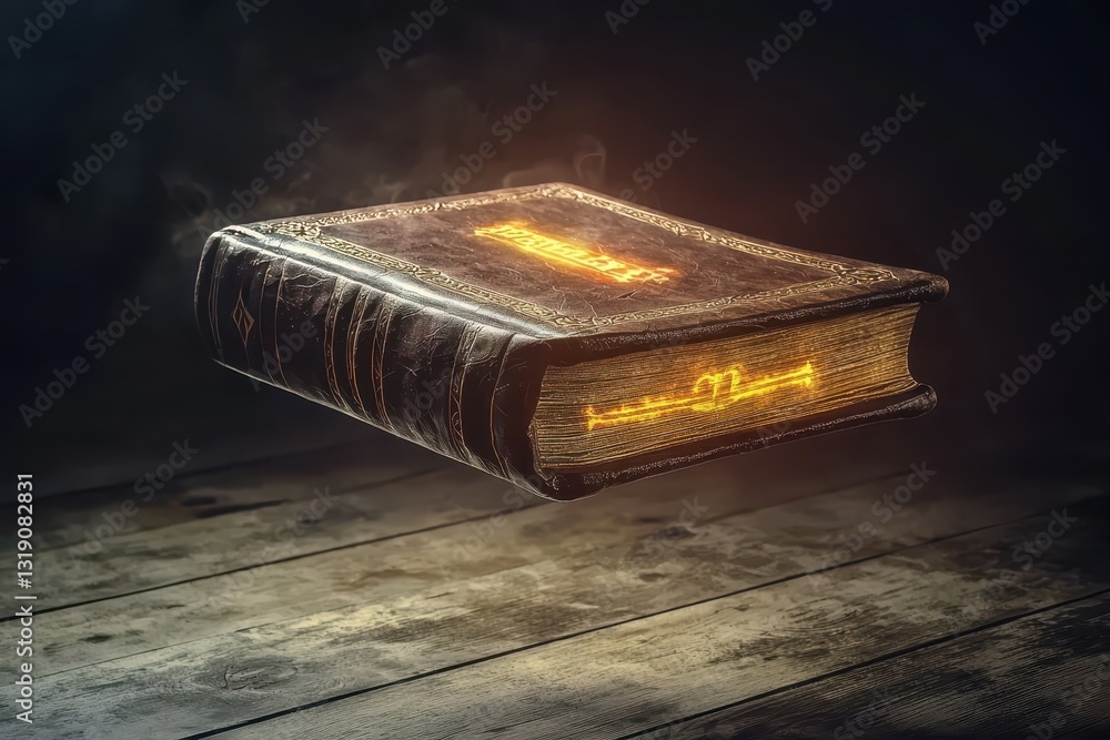 Poster enigmatic floating book with glowing symbols in a dark setting