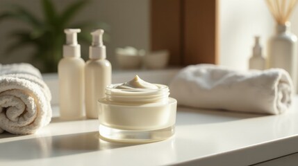 Luxurious Skincare Products on a Bright Bathroom Vanity A Moisturizing Cream Jar and Dispensers Near Soft Towels in Soft Light