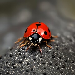 A close-up photograph of a red ladybug with black spots on its shell and pale legs crawling over what appears to be a textured black leather-like surface.