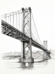 an AI Image Generator, Intricate Pencil Drawing of a Suspension Bridge