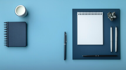 Spiral Notebook and Pen – Business Concept Flat Lay in Soft Teal, Icy Blue, and Deep Green Tones