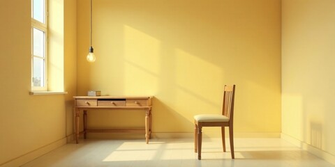 Fototapeta premium Sunlit Room with Wooden Desk and Chair, Minimalist Interior Design Featuring a Simple Pendant Light