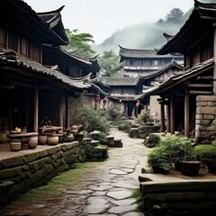 Naklejka premium an AI Image Generator, Serene Ancient Village Pathway Through Traditional Chines