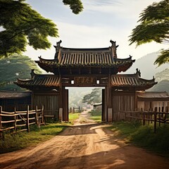 Obraz premium an AI Image Generator, Traditional Chinese Village Gate with Ancient Architecture