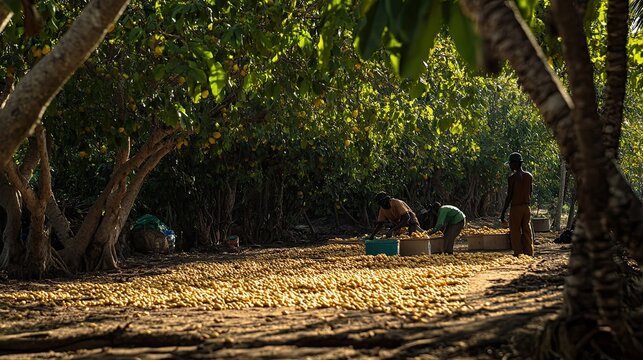 Rural harvest, Farmers gathering shea nuts under the african sun canopy