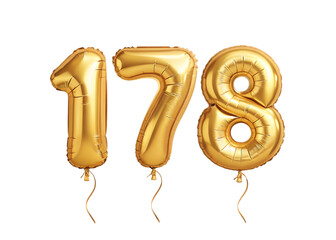 178 Number Shiny Gold Balloon, Celebratory Foil Balloon Decoration. isolated on transparent background, Helium balloons font.