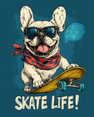 A french bulldog wearing sunglasses and a bandana, riding a skateboard.
