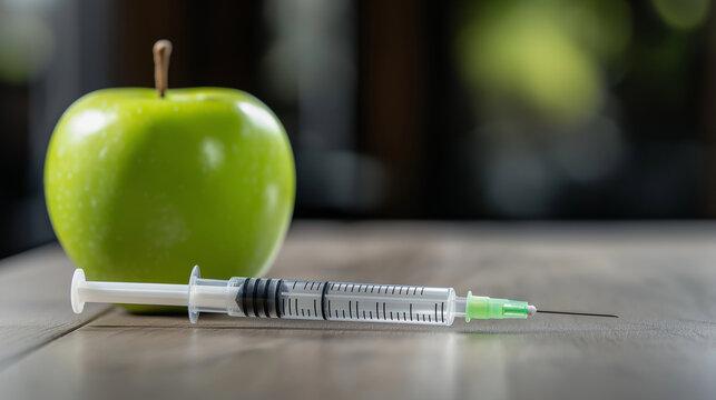 A close-up of an insulin syringe resting on a wooden table, with a fresh green apple in the background, symbolizing healthy living and careful health management.