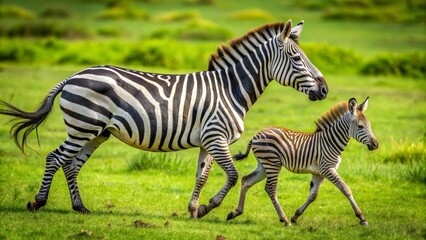 Naklejka premium Striped Equine Duo in Verdant Meadow Mother and Foal Galloping Freely Through Lush Grasslands