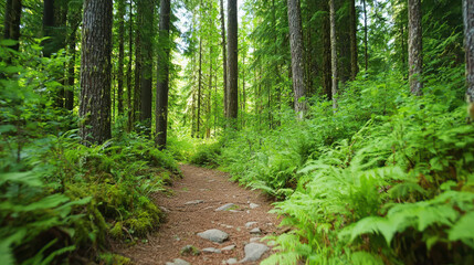 Obraz premium Lush green forest path surrounded by diverse trees and ferns, inviting adventure and exploration