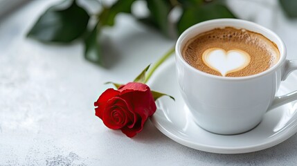 Obraz premium A cup of coffee on a white table, with one red rose next to it . 