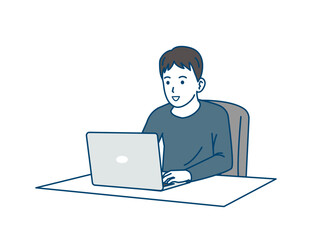 ノートパソコンを使う若い男性のイラスト