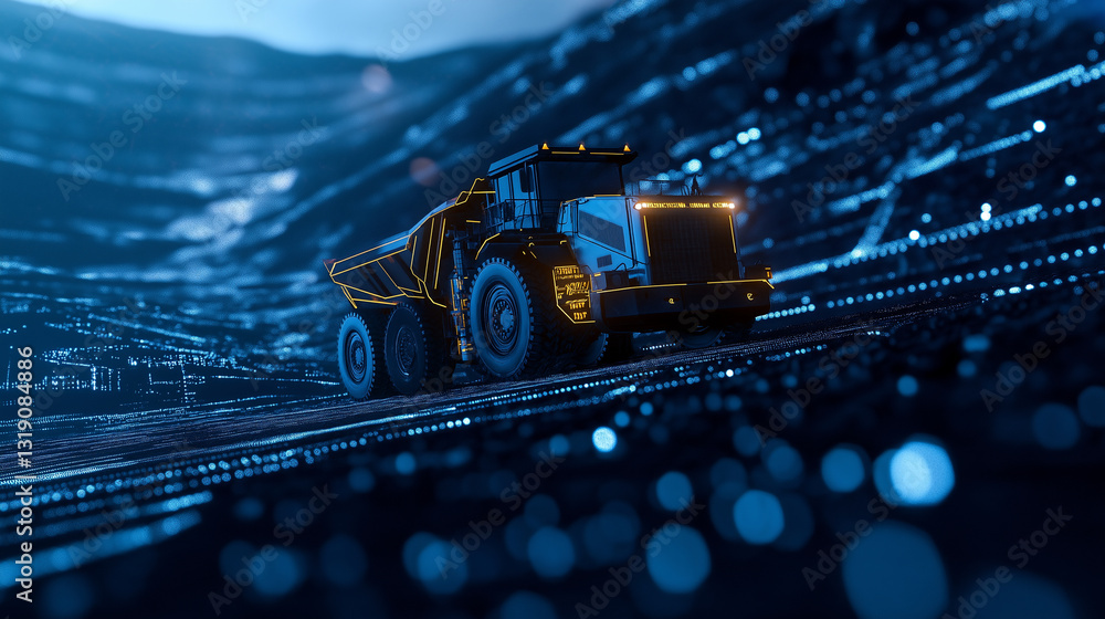 Poster an autonomous mining truck with an ai-controlled cockpit, navigating a vast digital quarry with augm