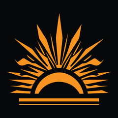 Minimalist Golden Sunrise Symbol with Abstract Rays on Black Background