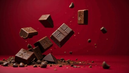 Delicious Dark Chocolate Pieces Suspended in Air Against a Rich Red Background