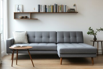 Modern gray sectional sofa in living room with wooden shelf and side table.