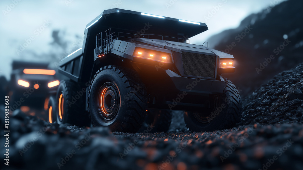 Poster an ultra-modern mining truck with sleek, angular design and glowing digital sensors, driving through