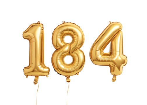 184 Number Shiny Gold Balloon, Celebratory Foil Balloon Decoration. isolated on transparent background, Helium balloons font.