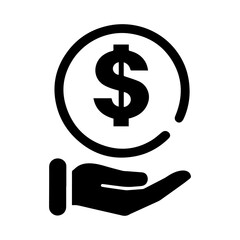 Financial support icon with dollar sign and hand symbol representing money, savings, banking, and investment concept in black and white minimalistic style