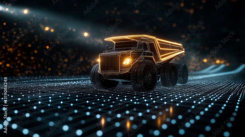 Aufkleber a concept mining truck designed with aerodynamic curves and illuminated smart sensors, driving acros