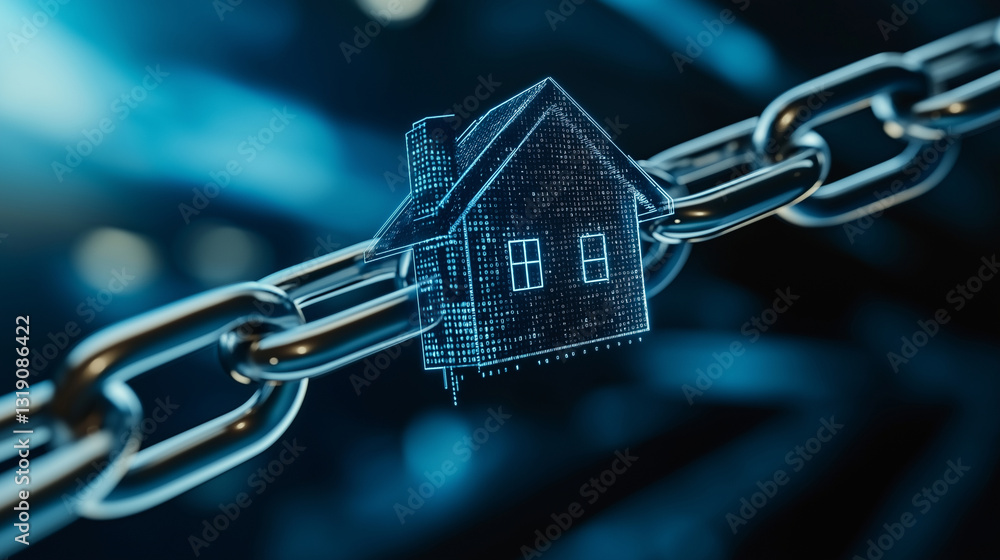 Poster a futuristic home surrounded by a metallic chain with embedded digital code, representing property s