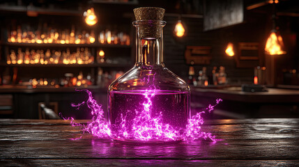 A Mystical Potion Glowing With Purple Energy in a Dimly Lit Tavern Filled With Bottles and Warm Light