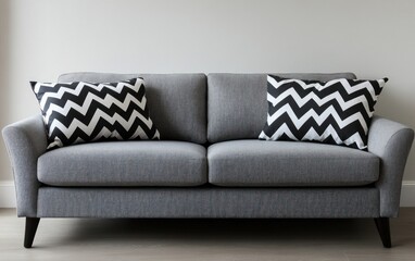 Modern gray sofa with black and white chevron pillows.
